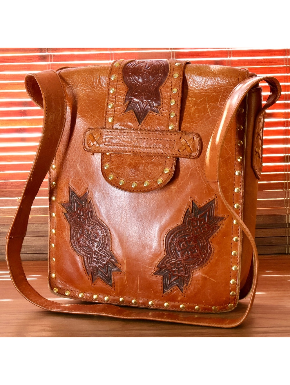 Vintage El Vaquero Pink Label Studded Tooled Leather Crossbody Saddle Bag